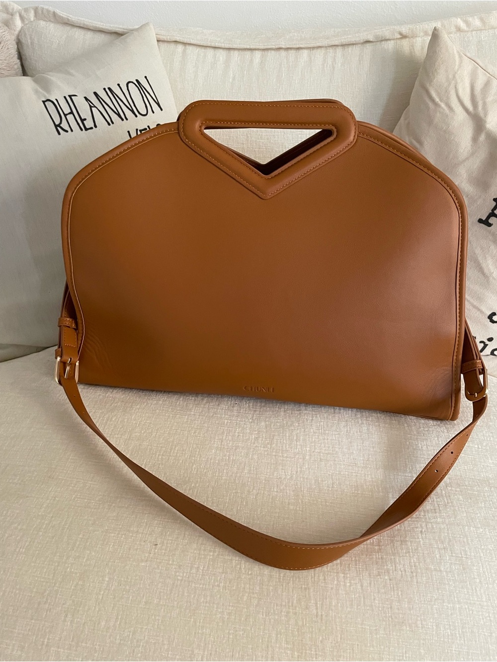 Cognac PU Leather laptop Shoulder Bag with Top Handle